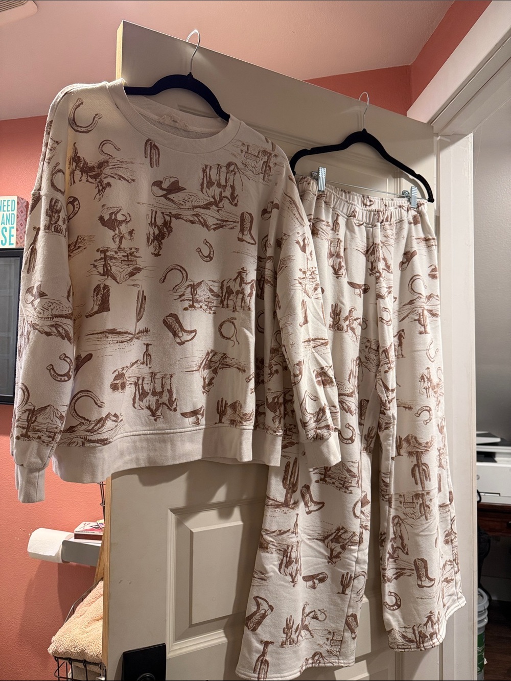 J.O.A. Cream Pajama Set with Brown Western Print
